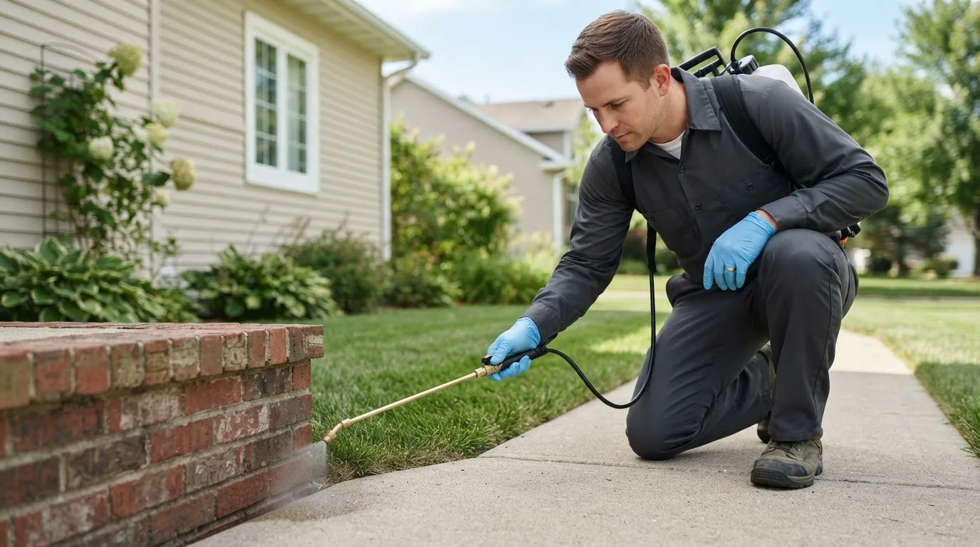Pest control technician treating a home near Interlochen, MI