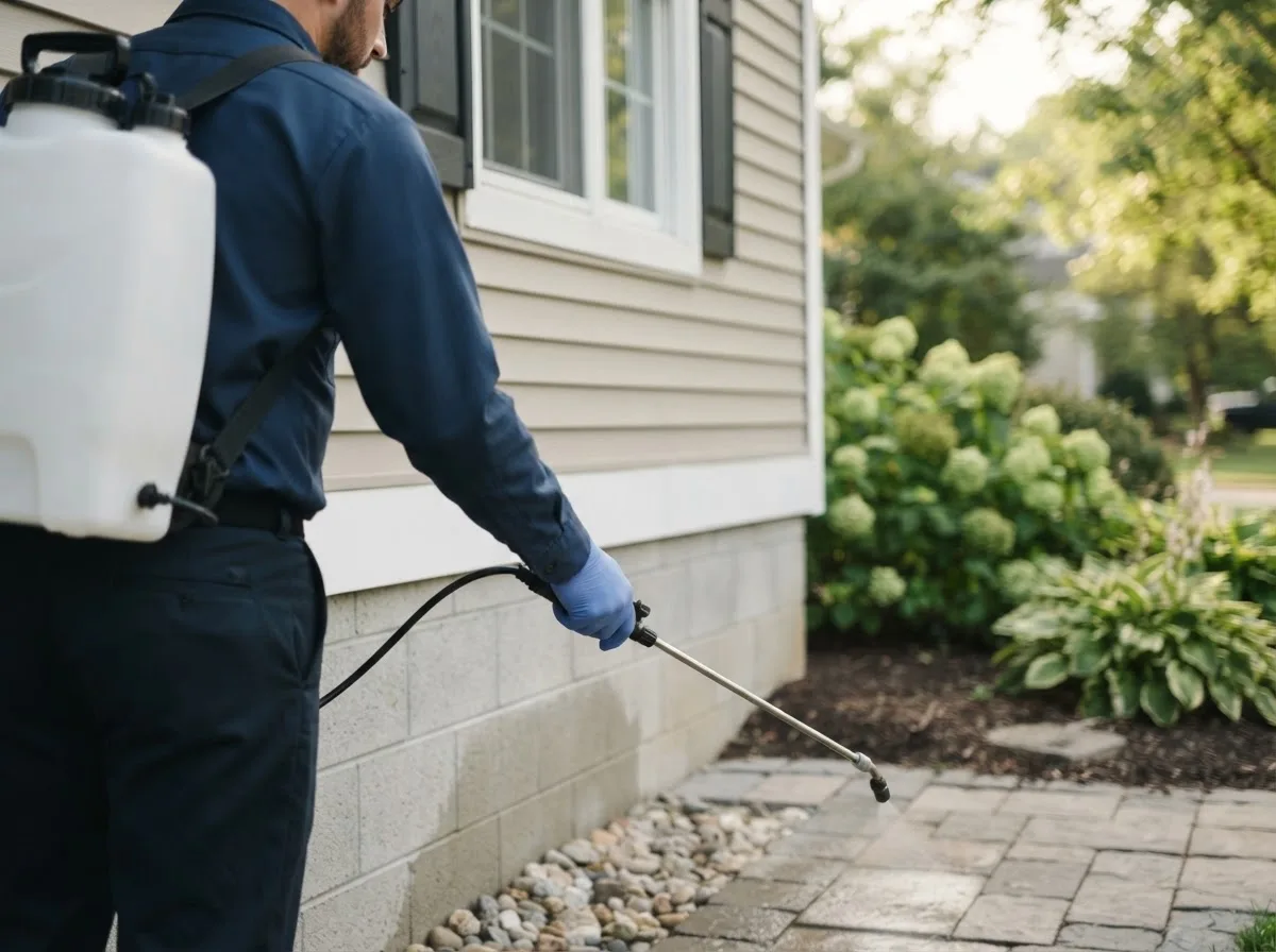 Pest control technician inspecting a home in Interlochen, MI